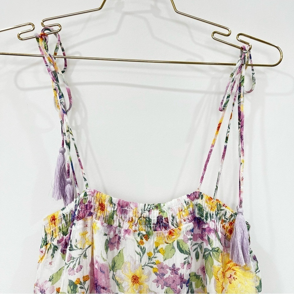 Floral Tassel Tie Mini Dress Multicolored Sheer Lined Tiered Shimmery - Picture 13 of 14